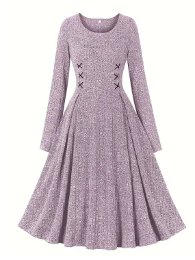 1950S Crew Neck Long Sleeve Knitted Lace-up Vintage Dress