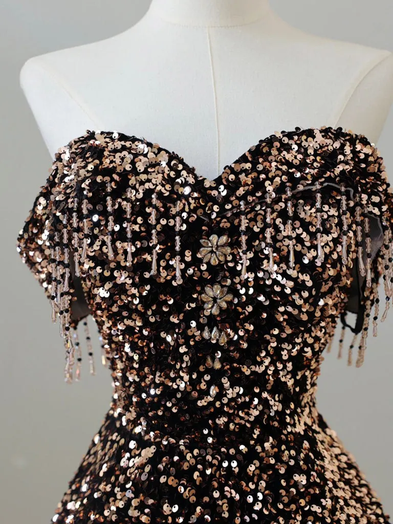 A-Line Off Shoulder Sequin Brown Long Prom Dress, Brown Long Evening Dress