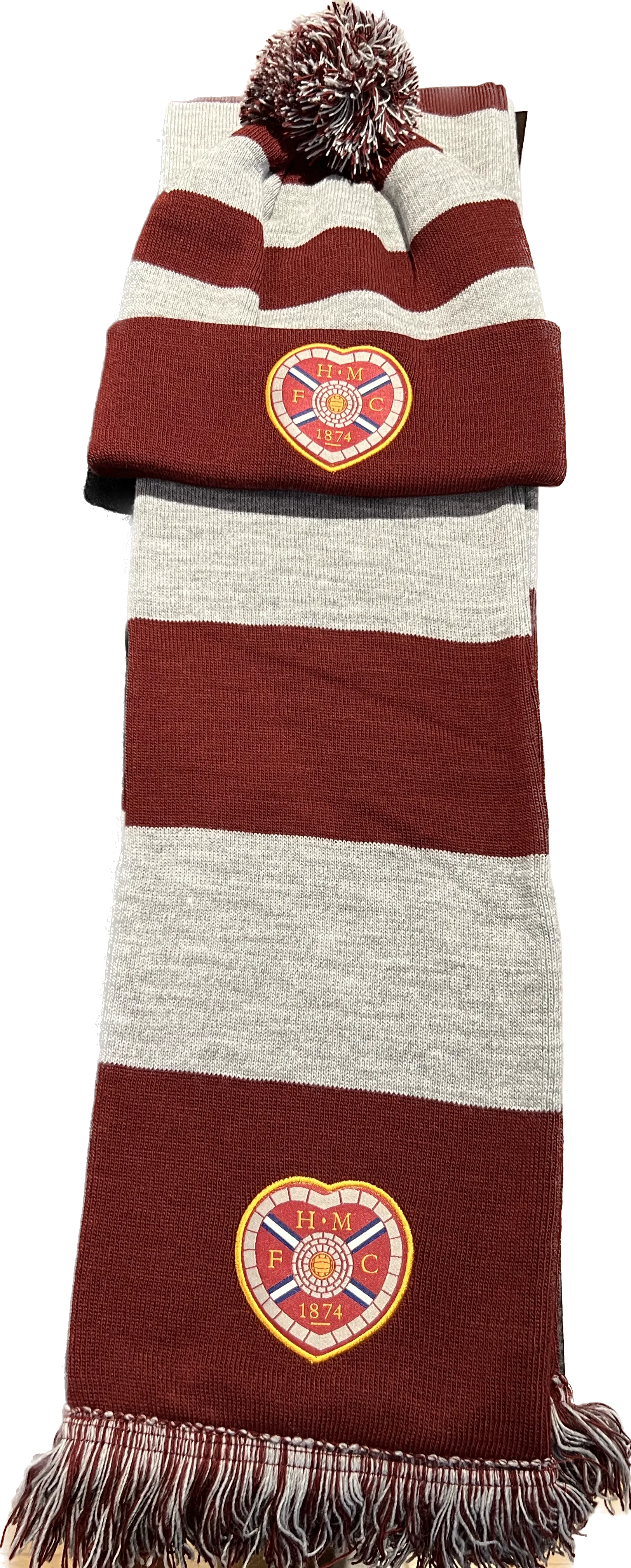 Adults Grey/ Maroon Bar Scarf & Hat Set