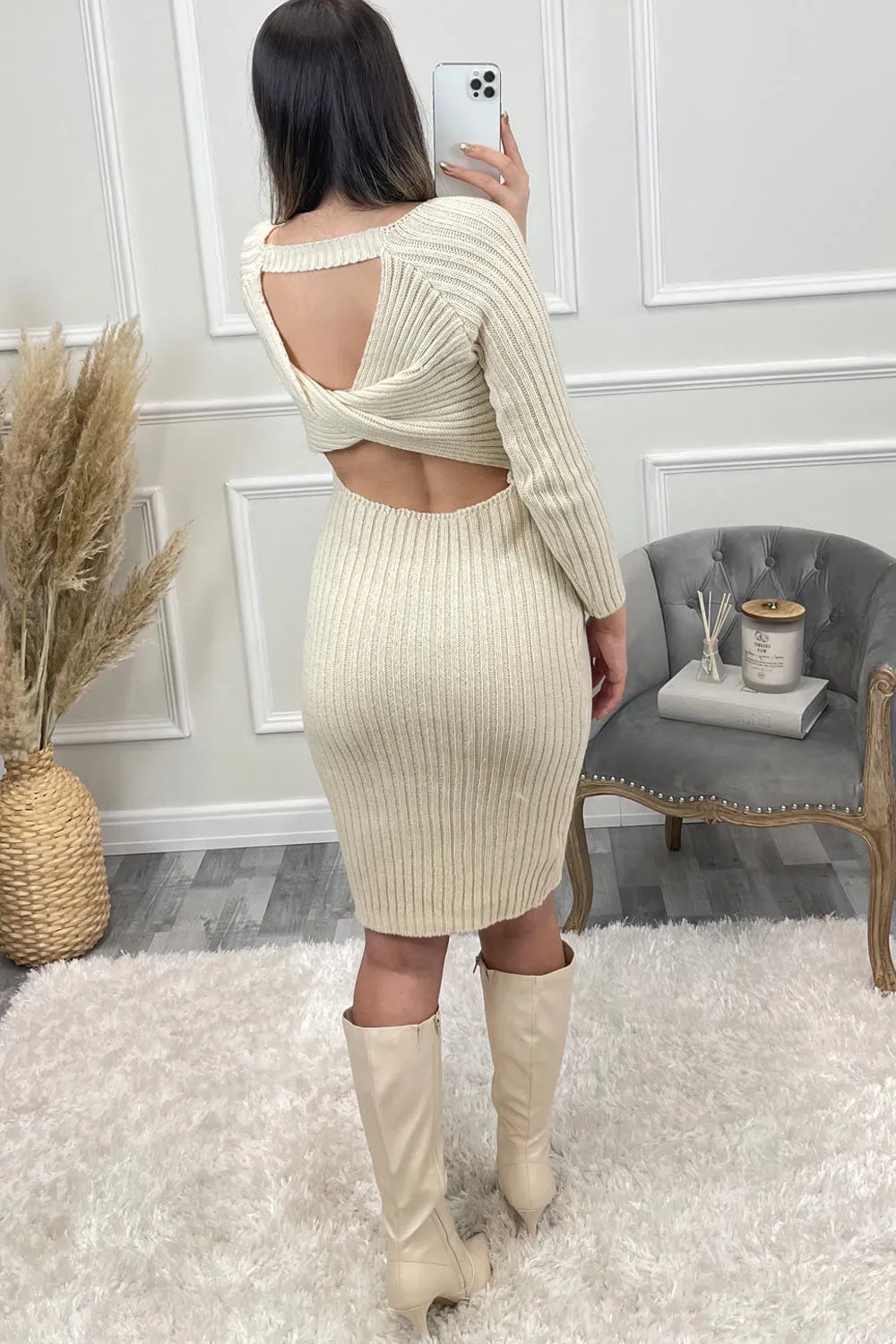 Alannah Beige Ribbed Knitted Cross Back Jumper Dress