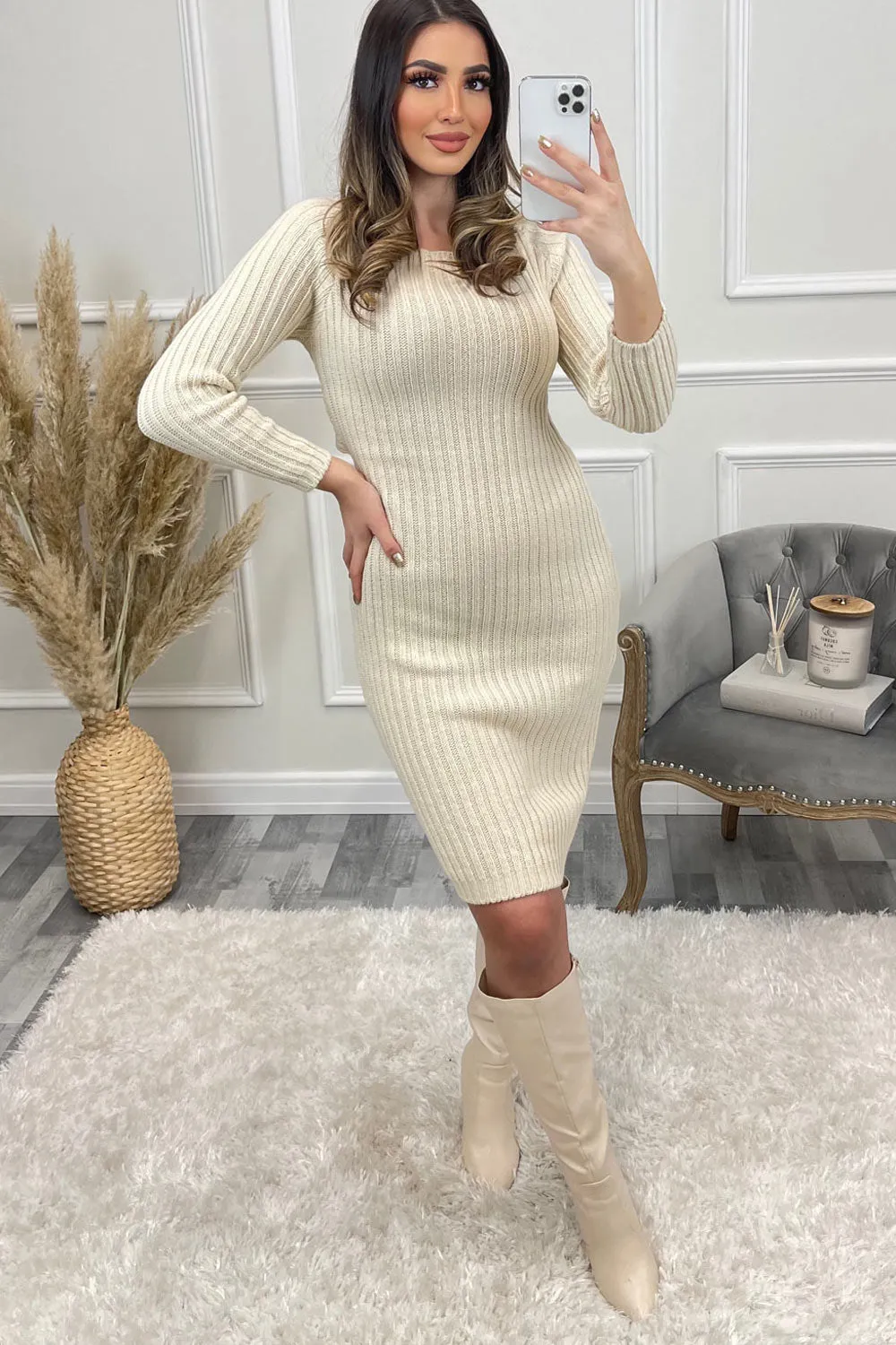 Alannah Beige Ribbed Knitted Cross Back Jumper Dress