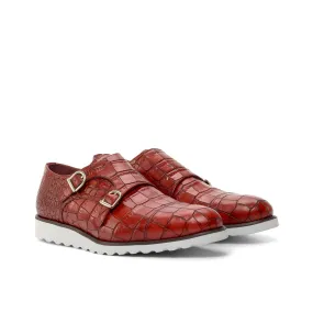 Ambrogio Bespoke Custom Men's Shoes Red Crocodile Print Monk-Straps Loafers (AMB2211)