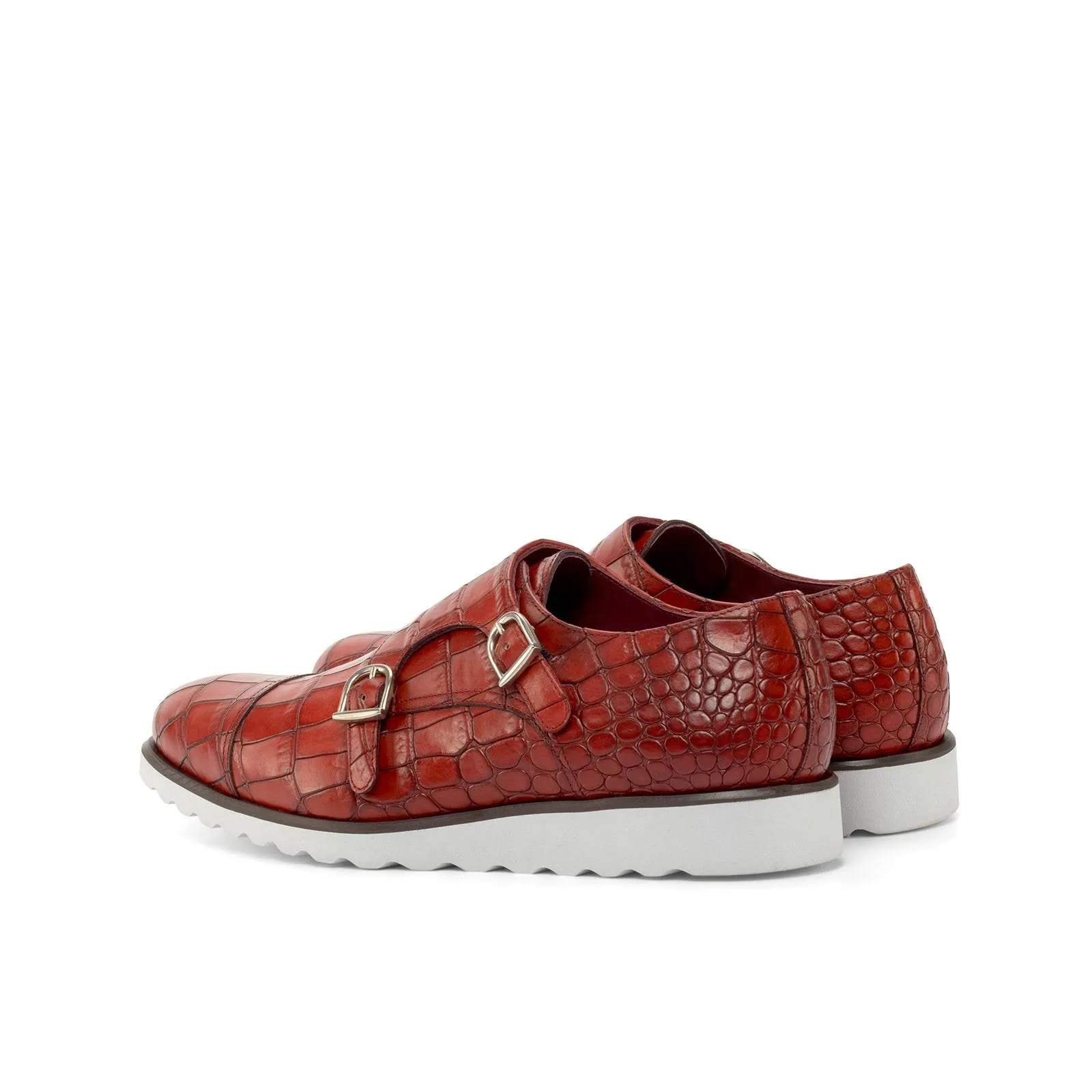 Ambrogio Bespoke Custom Men's Shoes Red Crocodile Print Monk-Straps Loafers (AMB2211)