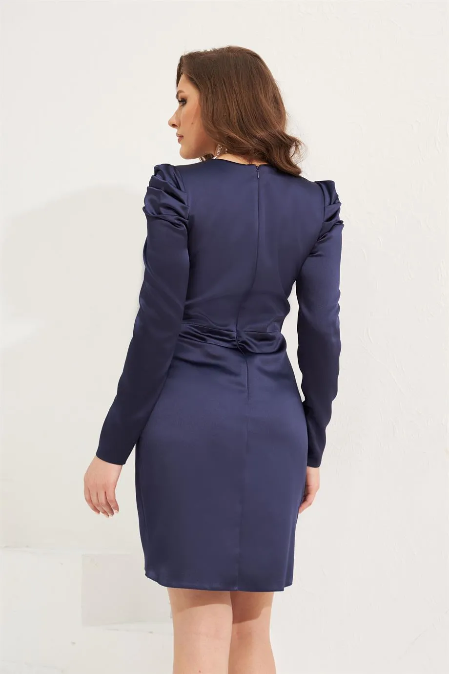 Angelino navy blue satin long sleeve dress dress