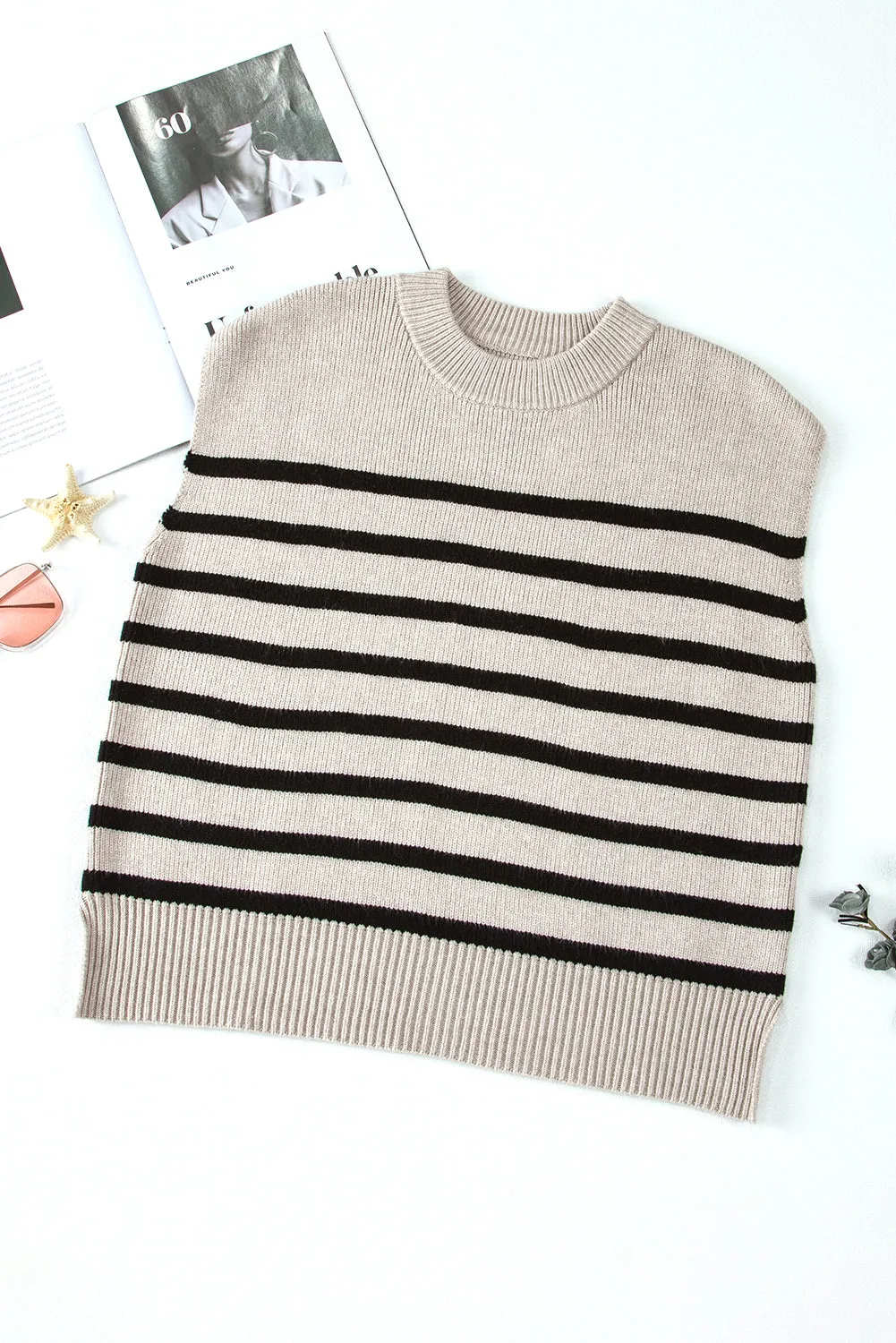 Apricot Stripe Boxy Knitted Short Sleeve Sweater