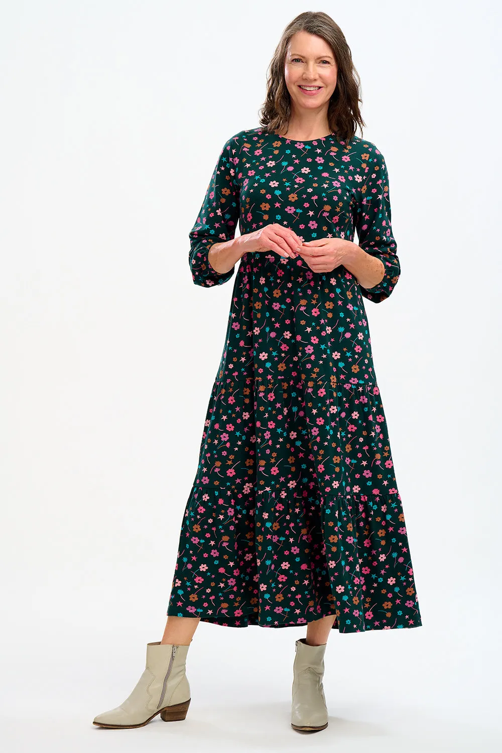 Bakari Jersey Tiered Midi Dress - Dark Green, Forest Floral