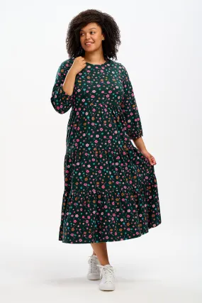 Bakari Jersey Tiered Midi Dress - Dark Green, Forest Floral