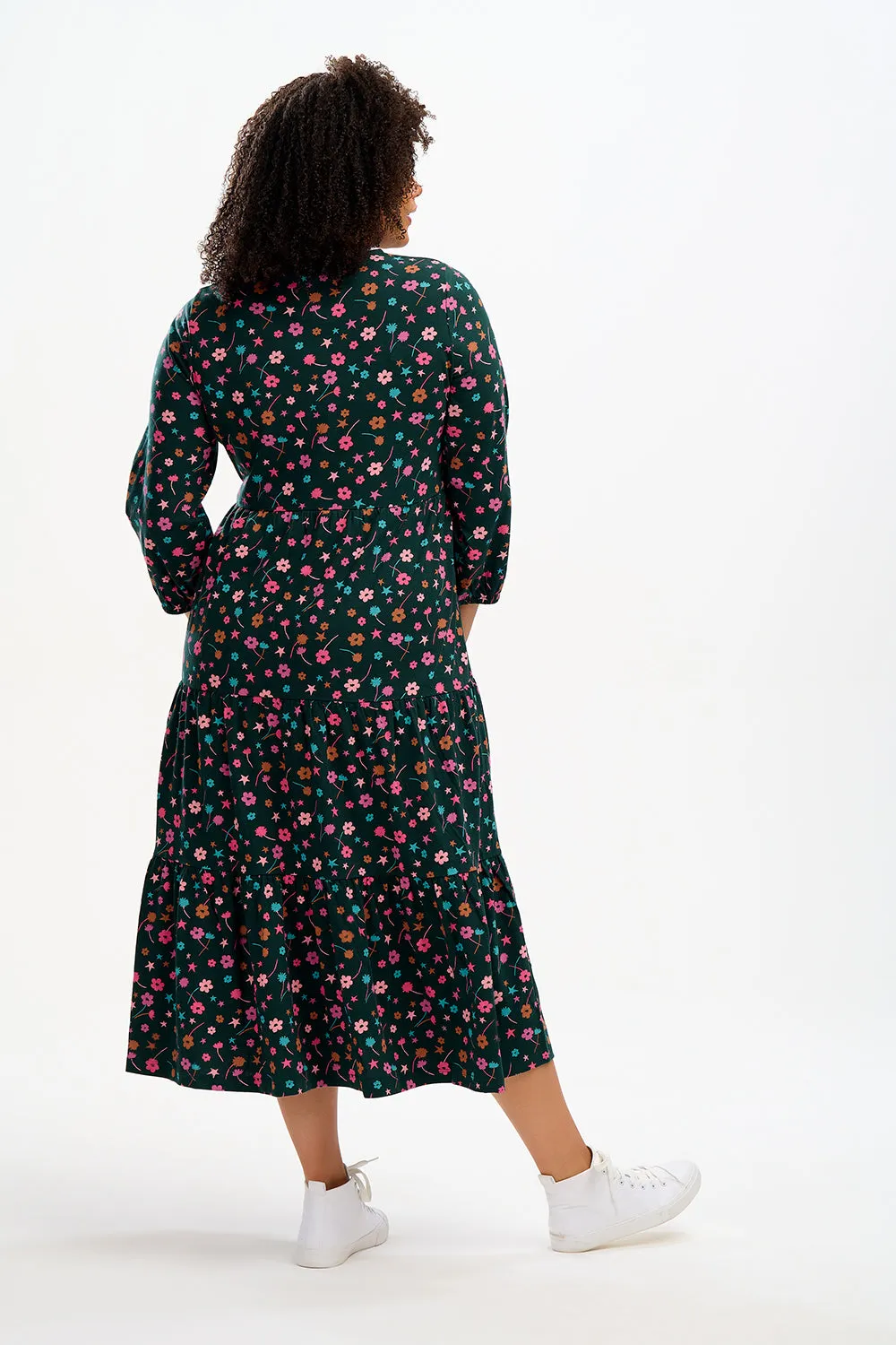 Bakari Jersey Tiered Midi Dress - Dark Green, Forest Floral