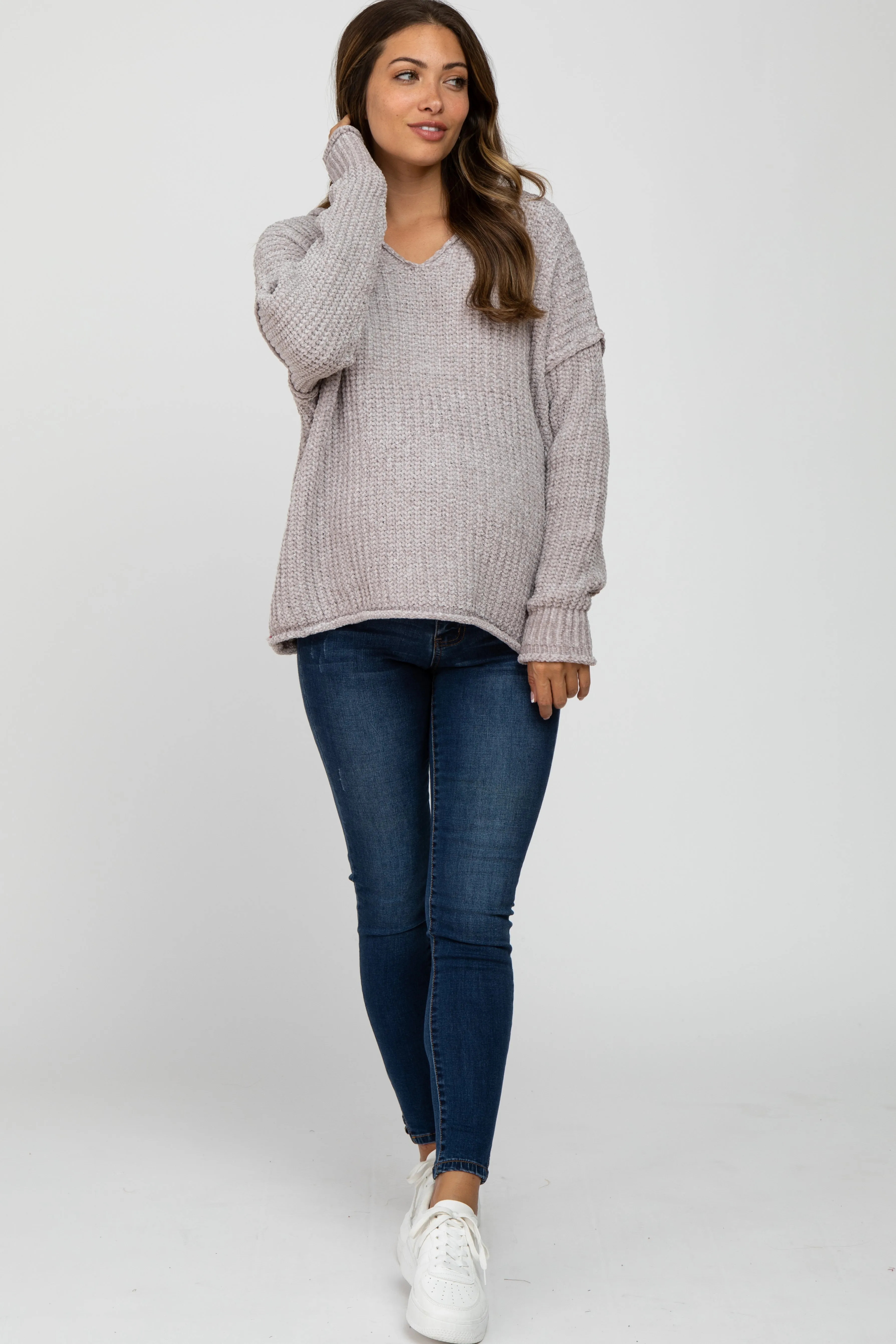 Beige Chenille V-Neck Hooded Maternity Sweater