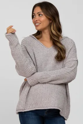 Beige Chenille V-Neck Hooded Maternity Sweater