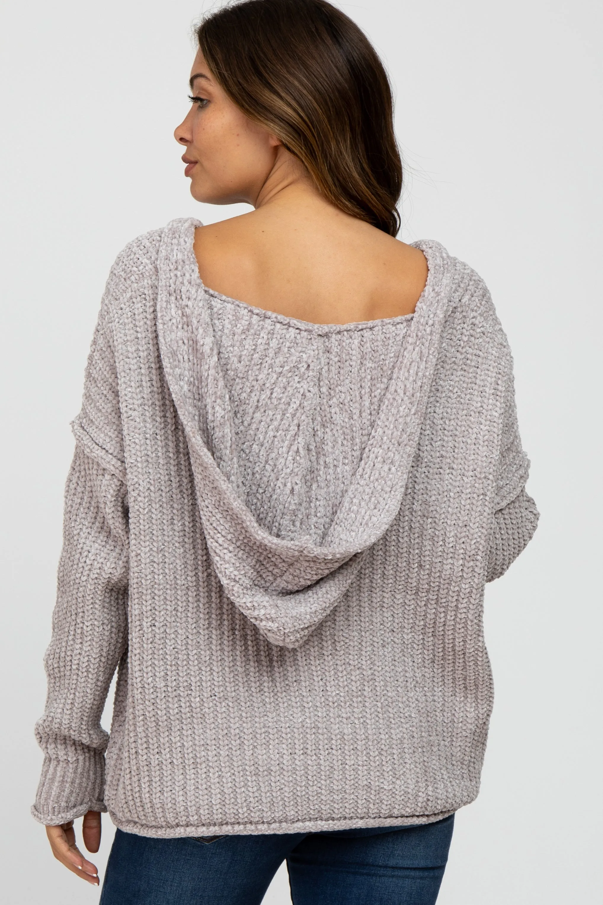 Beige Chenille V-Neck Hooded Maternity Sweater