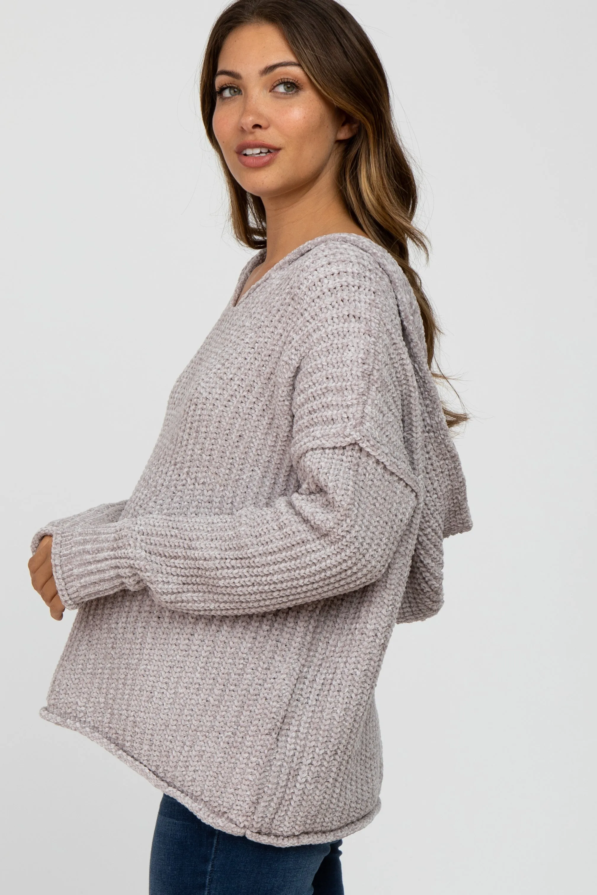 Beige Chenille V-Neck Hooded Maternity Sweater