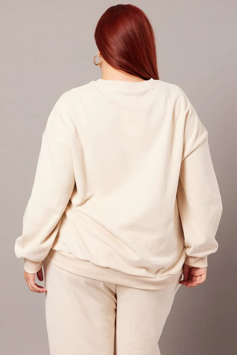 Beige Oversized Sweater Long Sleeve Crew Neck