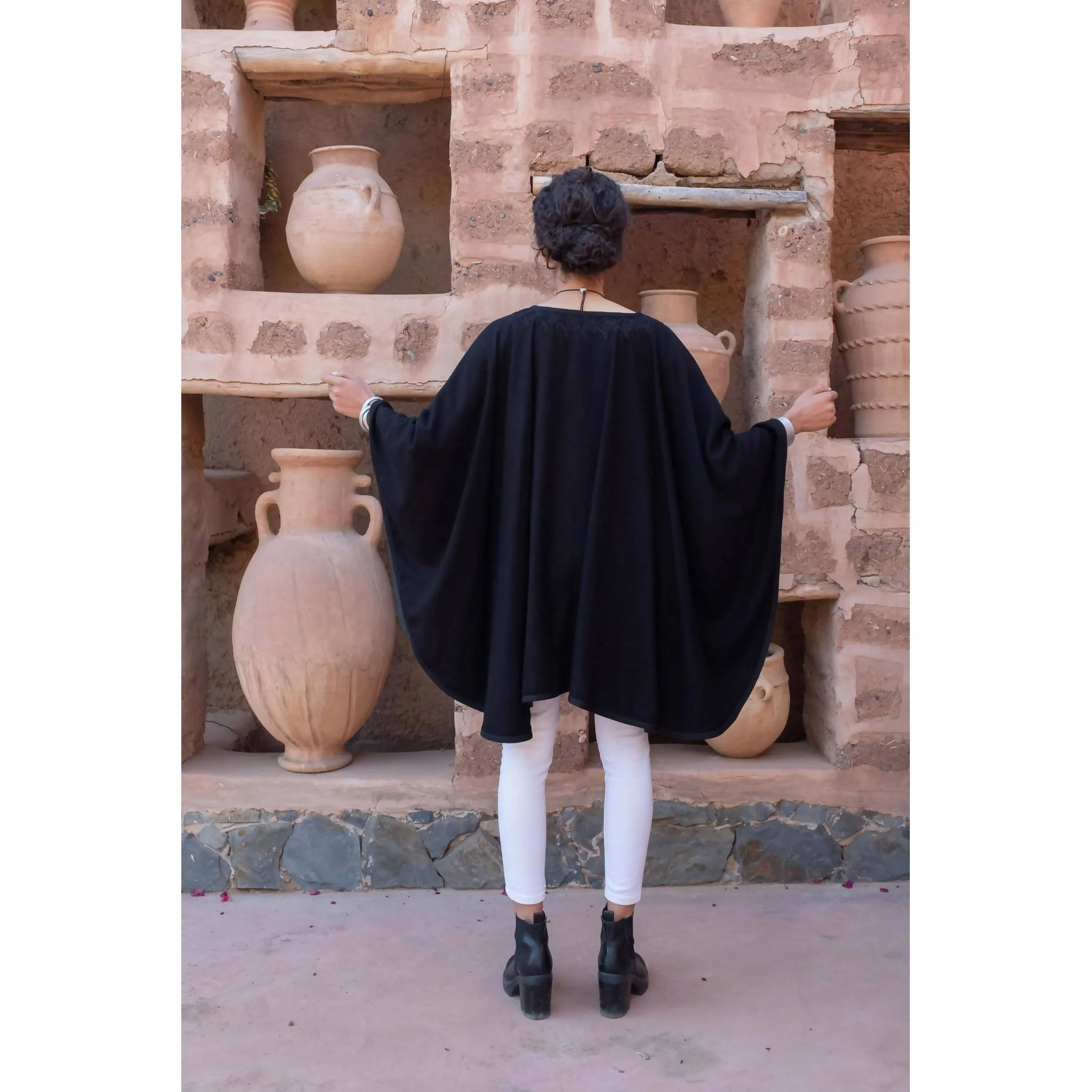 Black Embroidered wool and cashmere cape