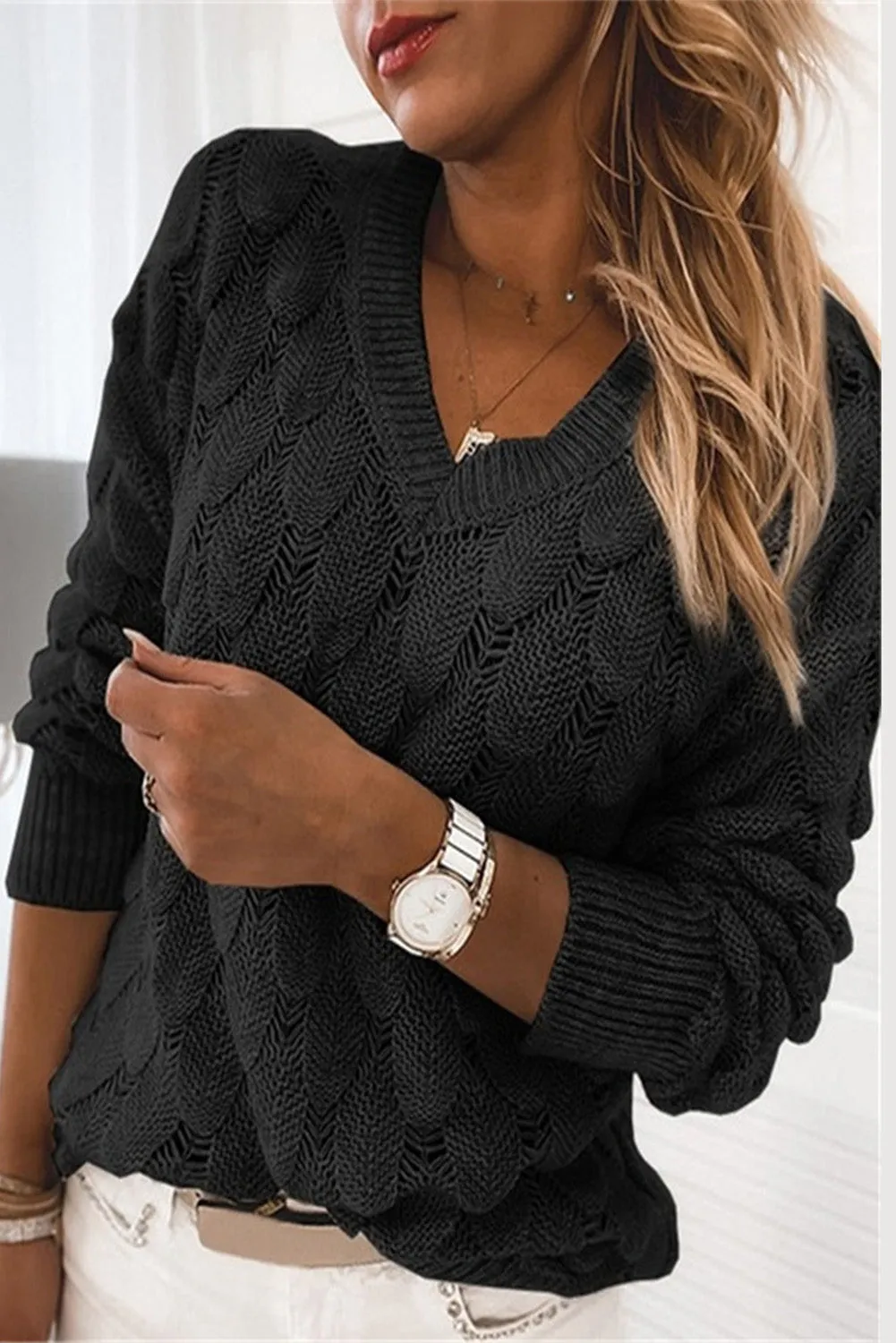 Black Hollow Out Long Sleeve Knitted Sweater