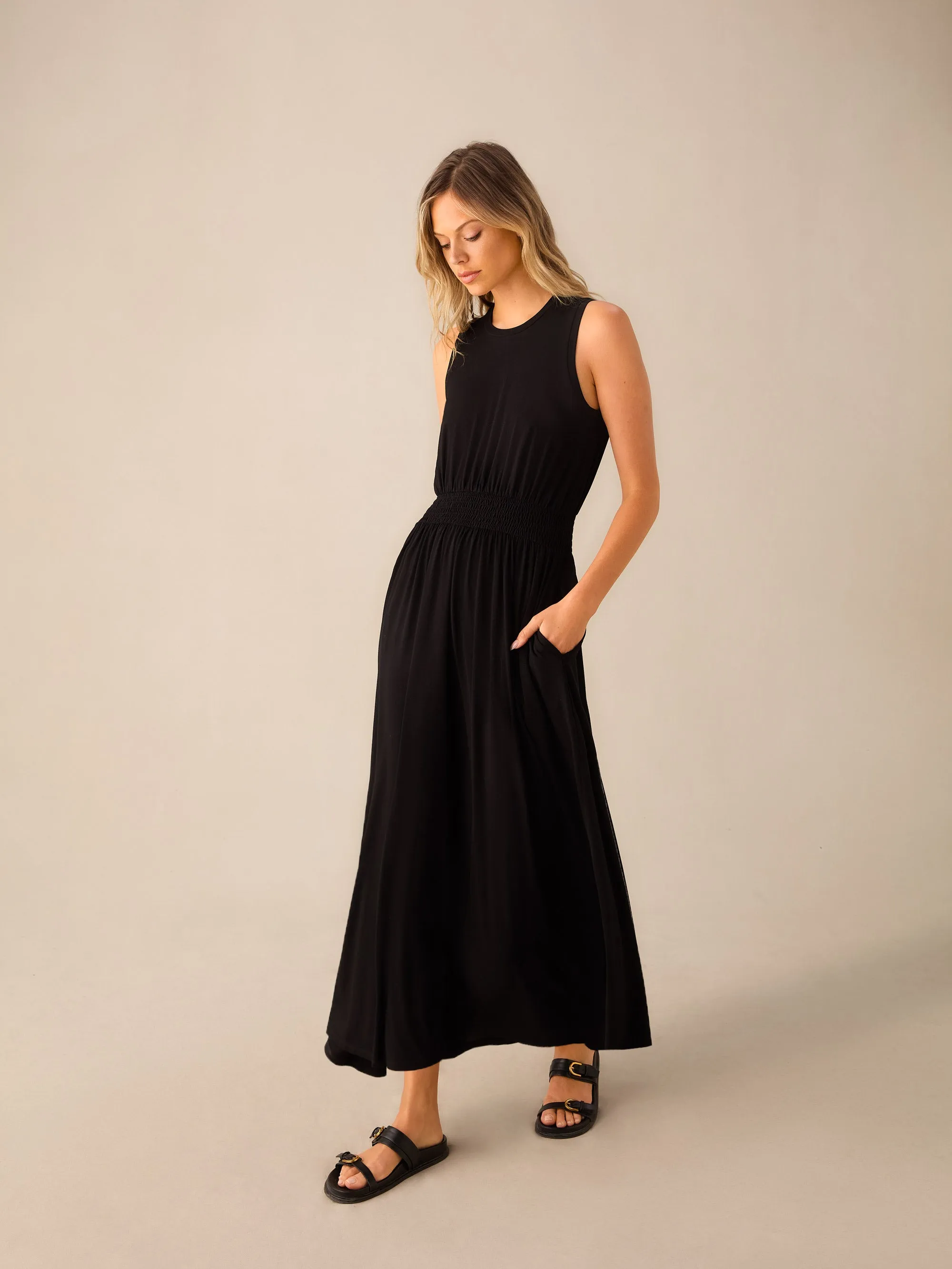 Black Jersey Shirred Waistband Dress