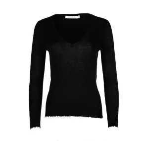 Black Merino Wool V-neck Sweater