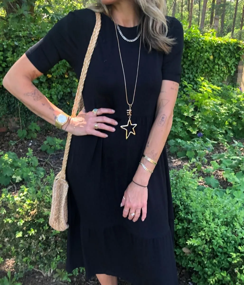 Black Tiered Jersey Midi Dress