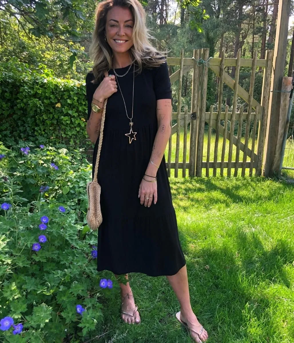 Black Tiered Jersey Midi Dress