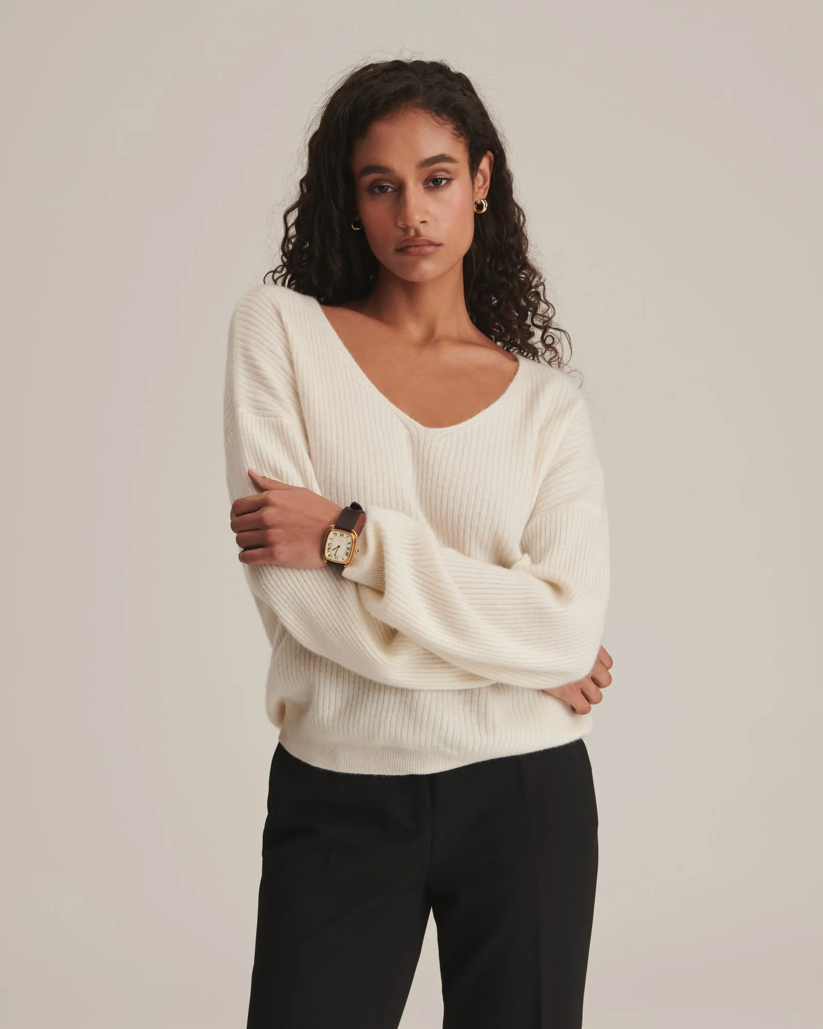 Cashmere Oversized Ribbed V-Neck Sweater