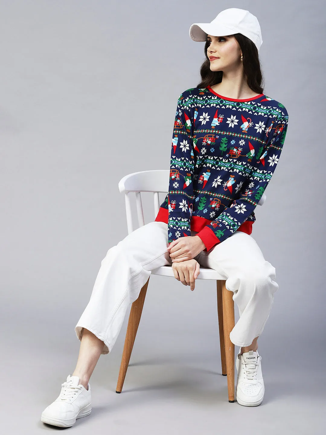 Christmas Print Round Neck Top