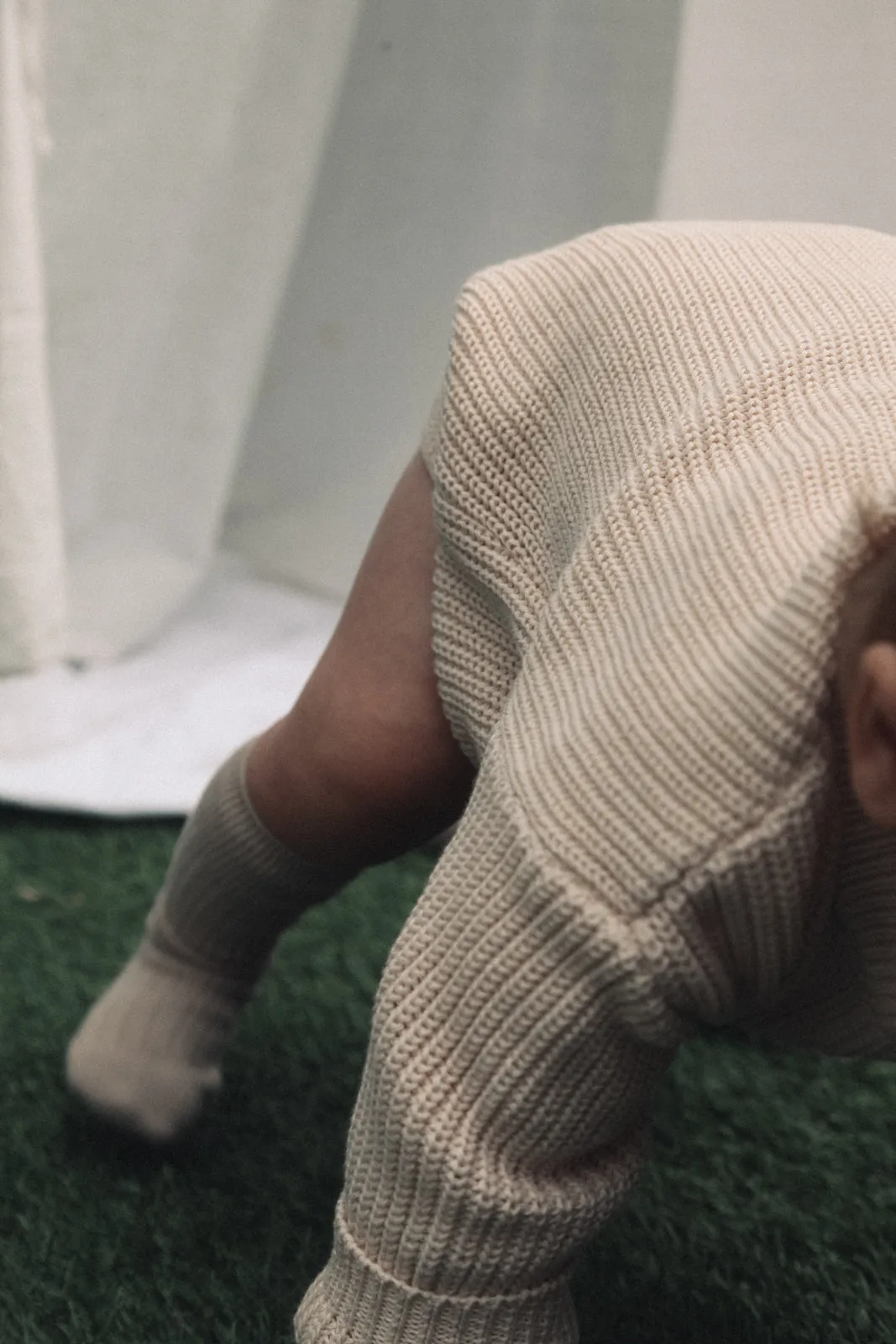 Cotton Long Sleeve Knitted Romper in Nude