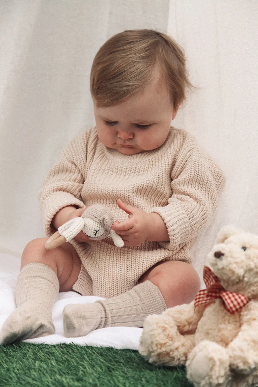 Cotton Long Sleeve Knitted Romper in Nude