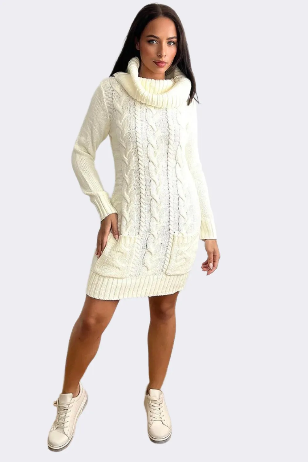 Cowl Neck Pocketed Knitted Dress