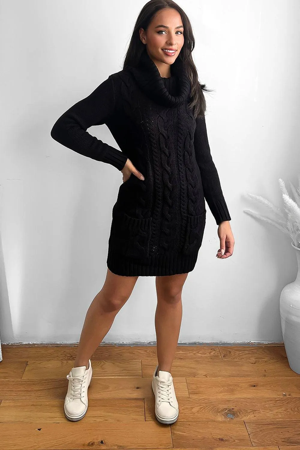 Cowl Neck Pocketed Knitted Dress