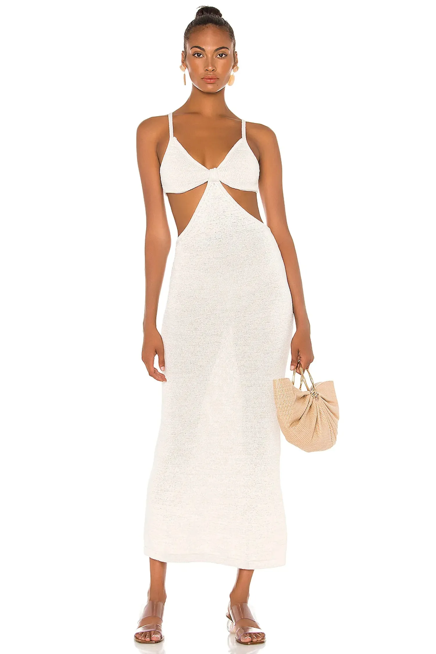 Cream Front Tie Cut Out Backless Knitted Maxi Dress