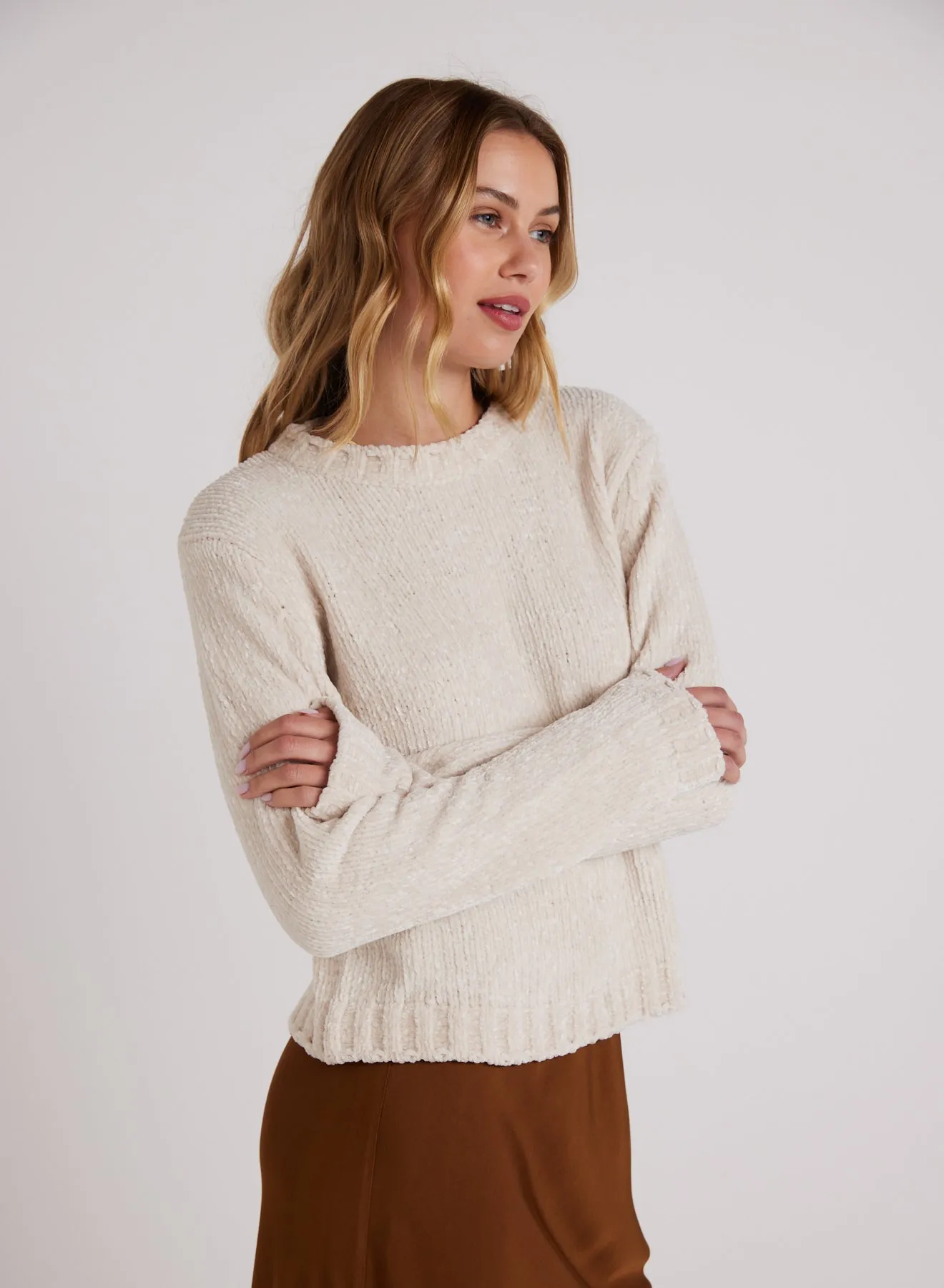 Crew Neck Chenille Sweater- Opal Ivory