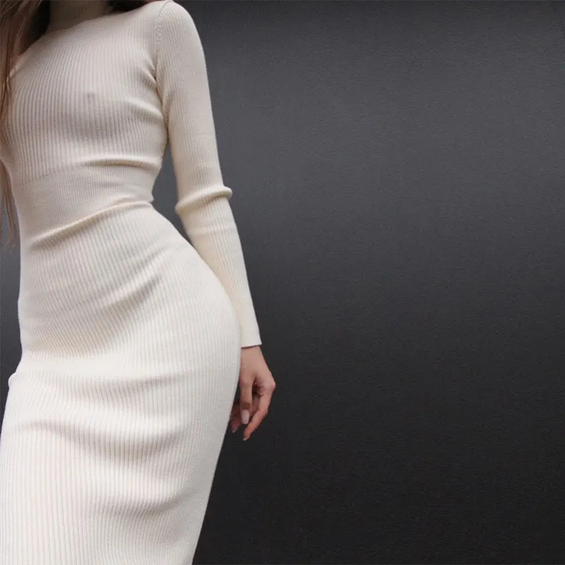 Emma Long Sleeve High Neck Knitted Midi Dress