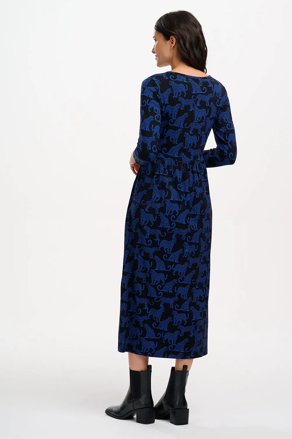 Evelyn Midi Jersey Dress - Black/Blue, Leopard Spots