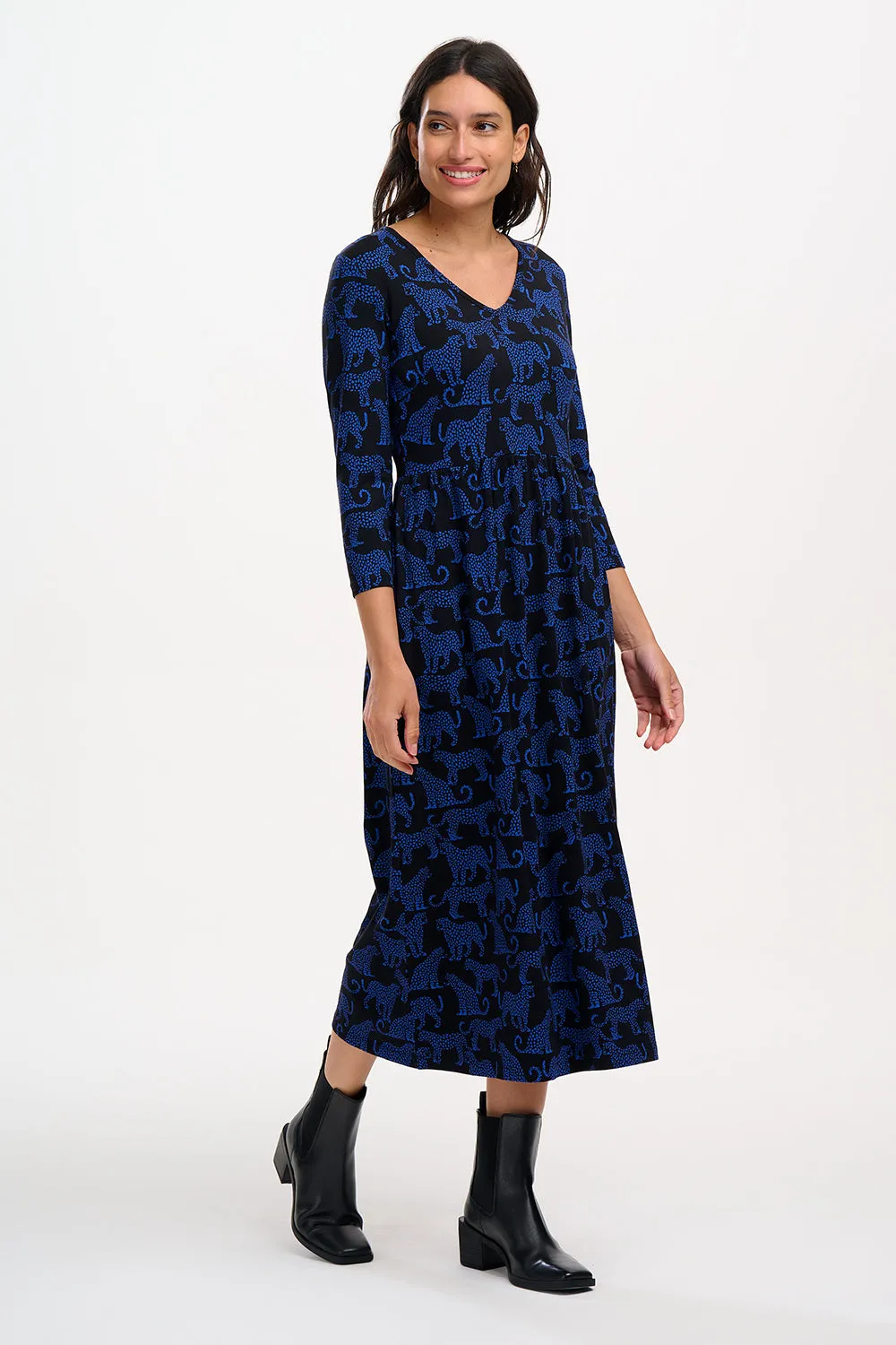 Evelyn Midi Jersey Dress - Black/Blue, Leopard Spots