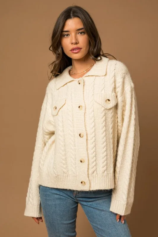 Explore More Collection - Collared Cable Sweater Cardigan