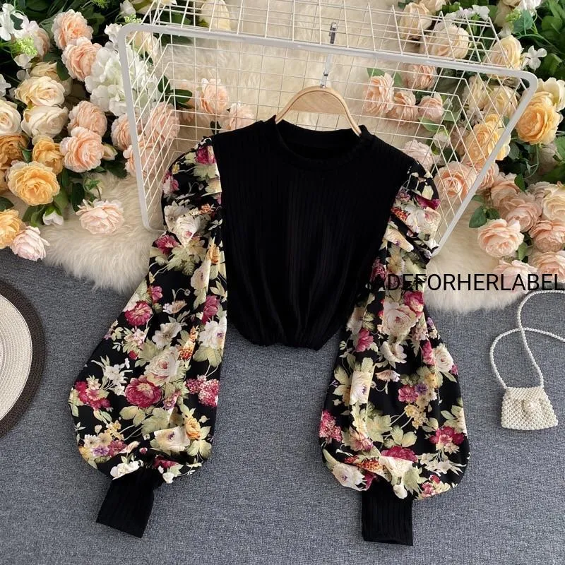 Floral Lantern Sleeve Knitted Top