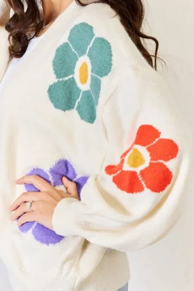 Flower Pattern Sweater Cardigan in White