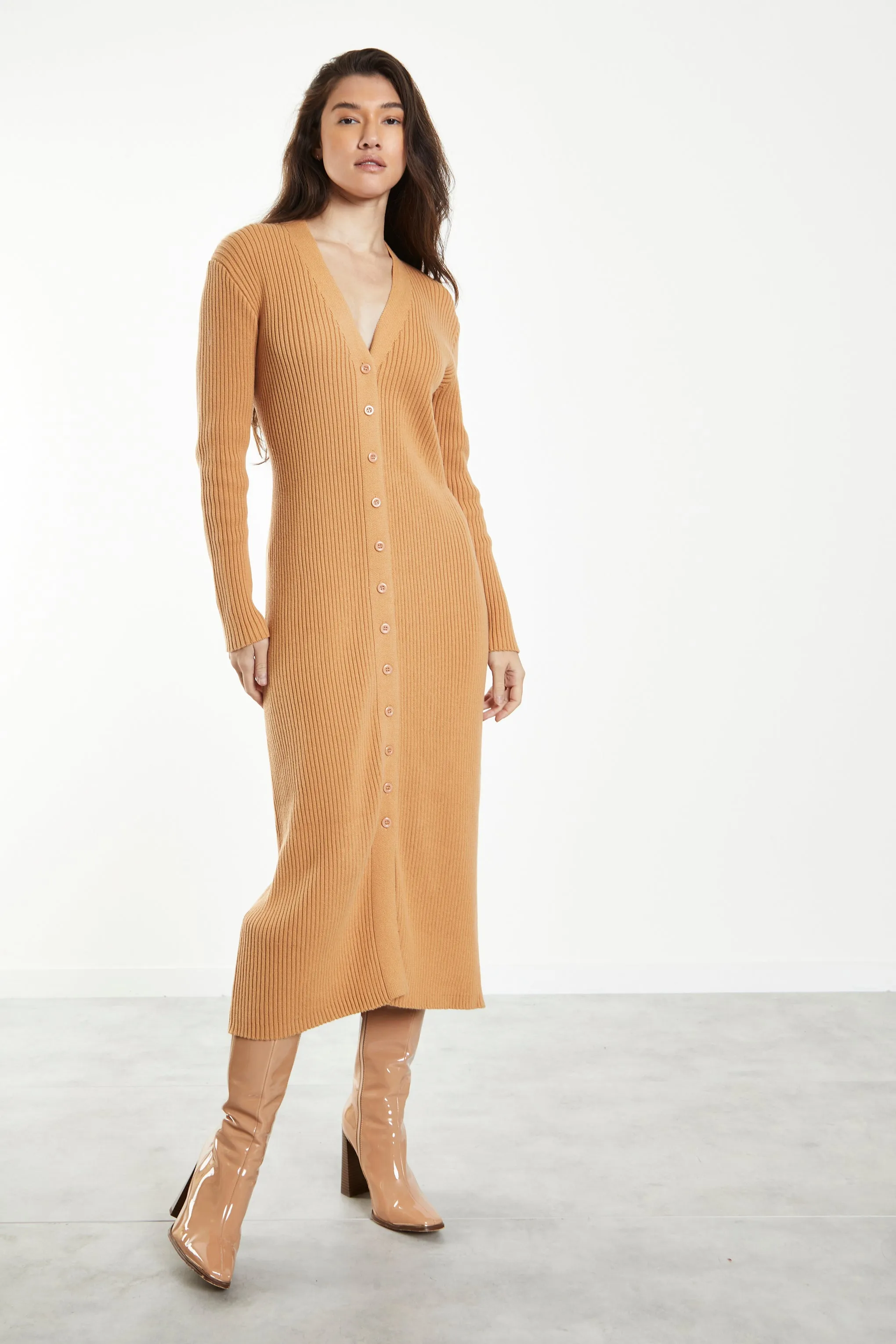 Glamorous Caramel Knitted Skinny Fit Midi Dress with Long Sleeves & V Neck