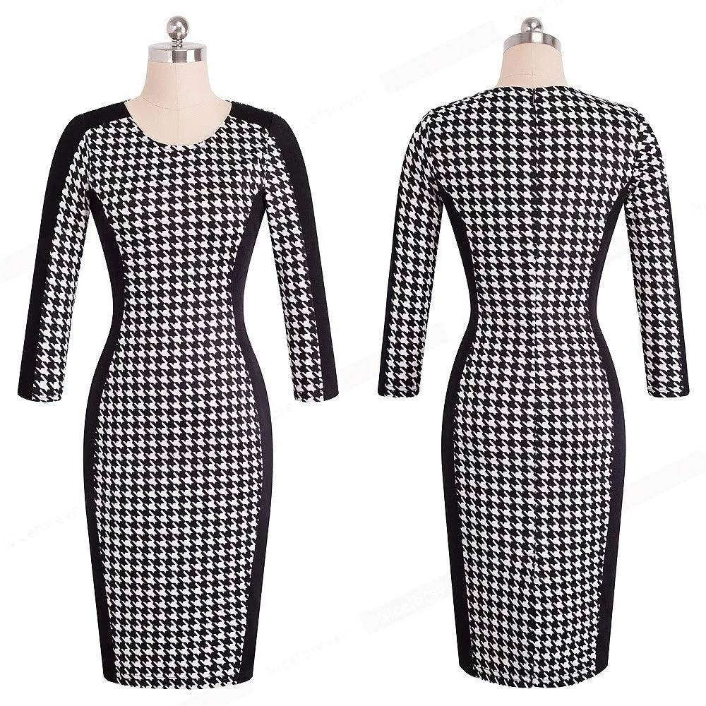 HOUNDSTOOTH LONG SLEEVE SHEATH DRESS