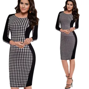 HOUNDSTOOTH LONG SLEEVE SHEATH DRESS