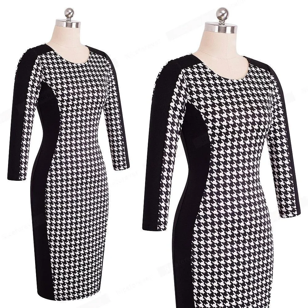 HOUNDSTOOTH LONG SLEEVE SHEATH DRESS