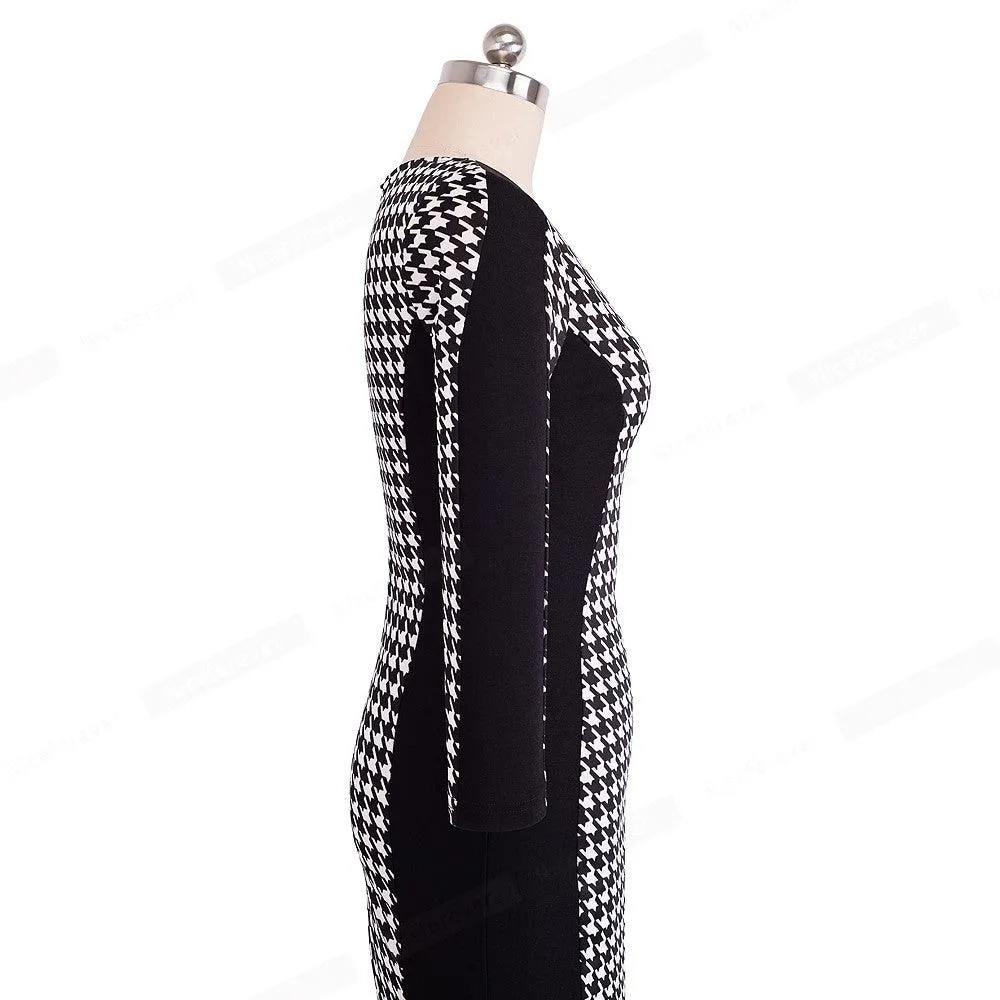 HOUNDSTOOTH LONG SLEEVE SHEATH DRESS