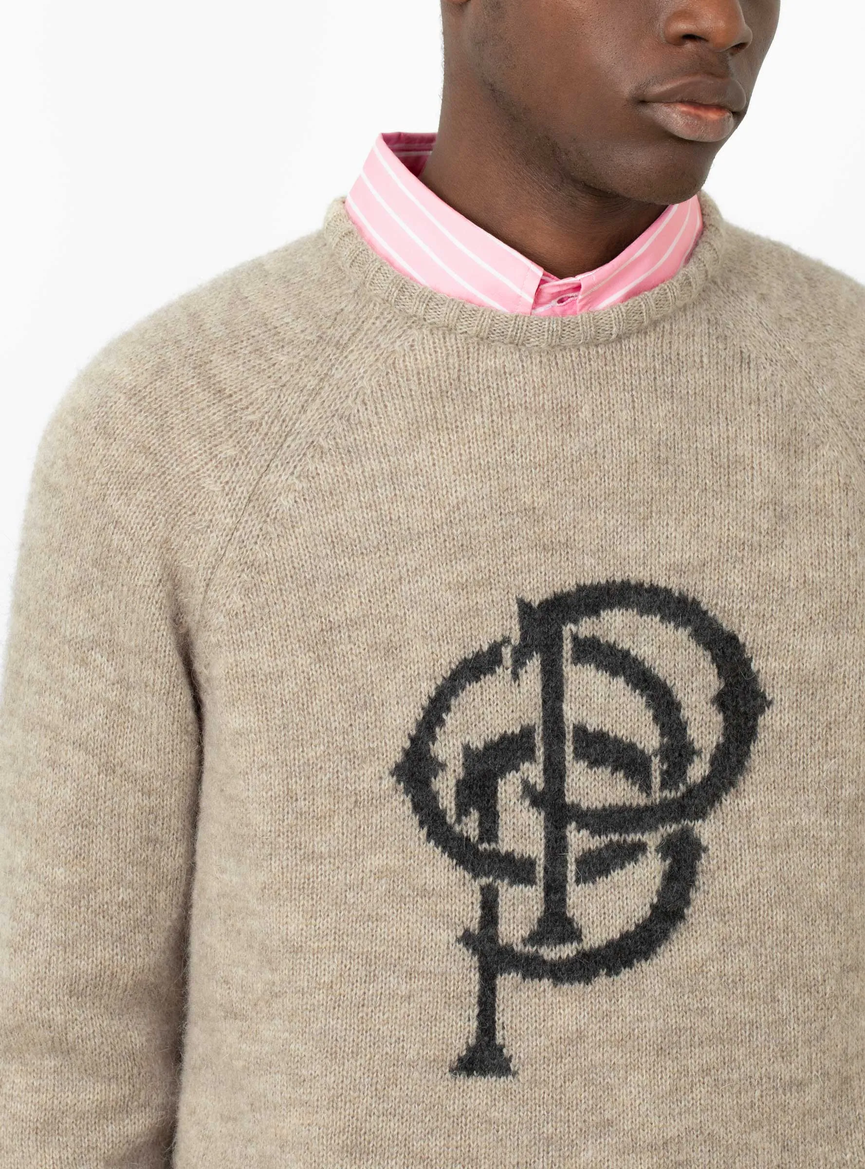 Knitted Crewneck Sweater with Initials - Sesame Color