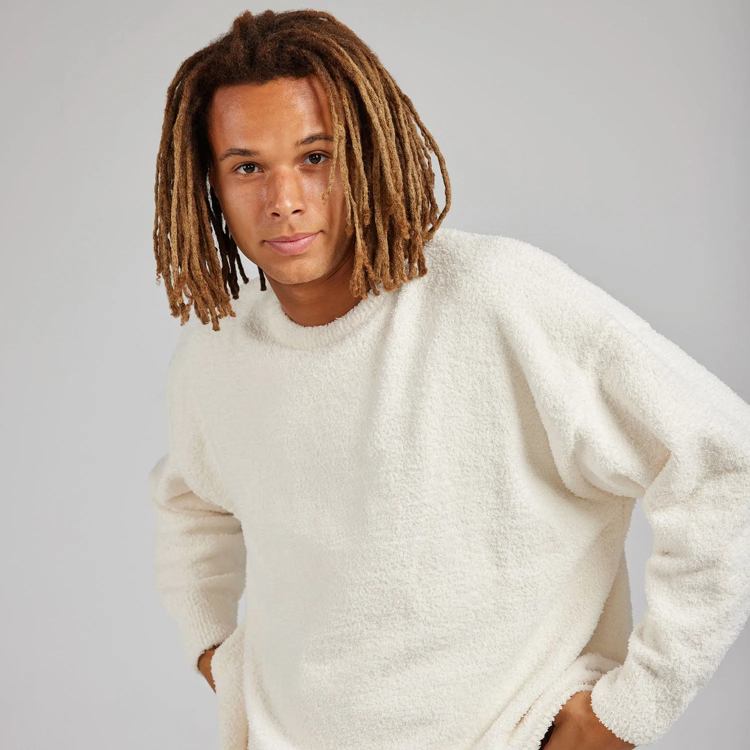 Ivory Boucle Knit Crew Neck Sweater