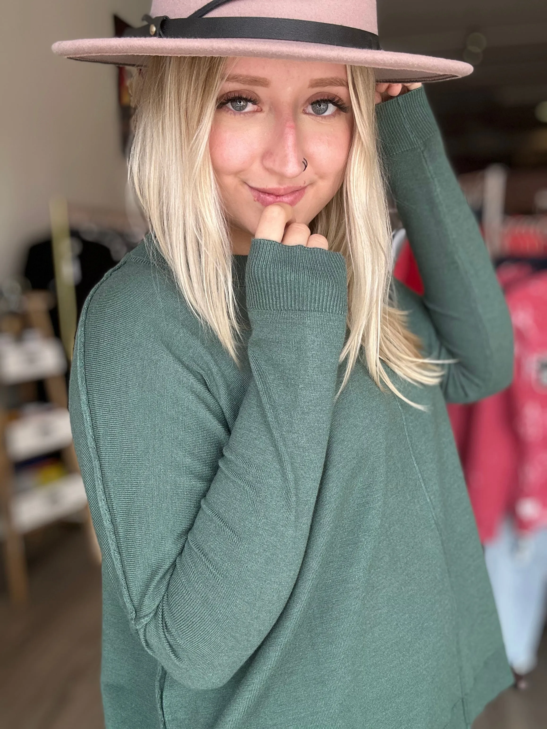 Juniper Green Round Neck Seam Sweater