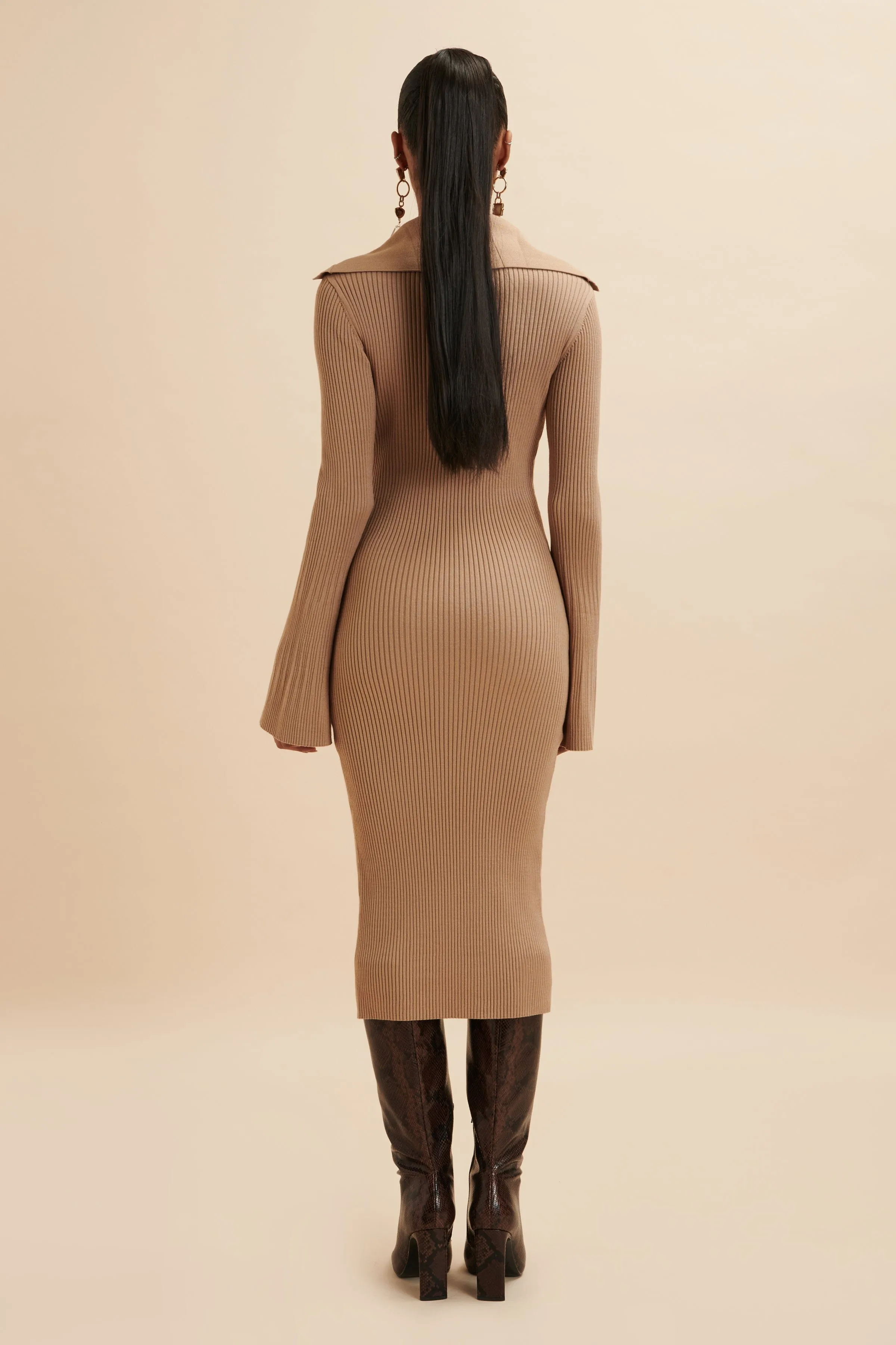 KAYA Knitted Ribbed Collar Midi Dress In Camel