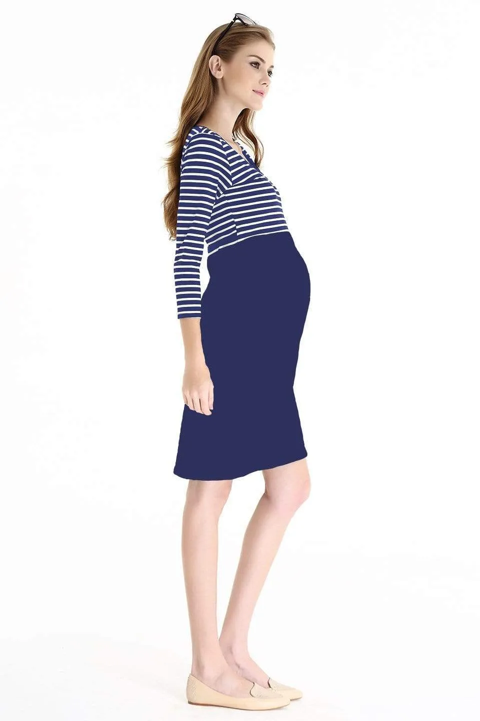 Knitted 3/4 Sleeve Angelina Nursing Dress Navy Stripes