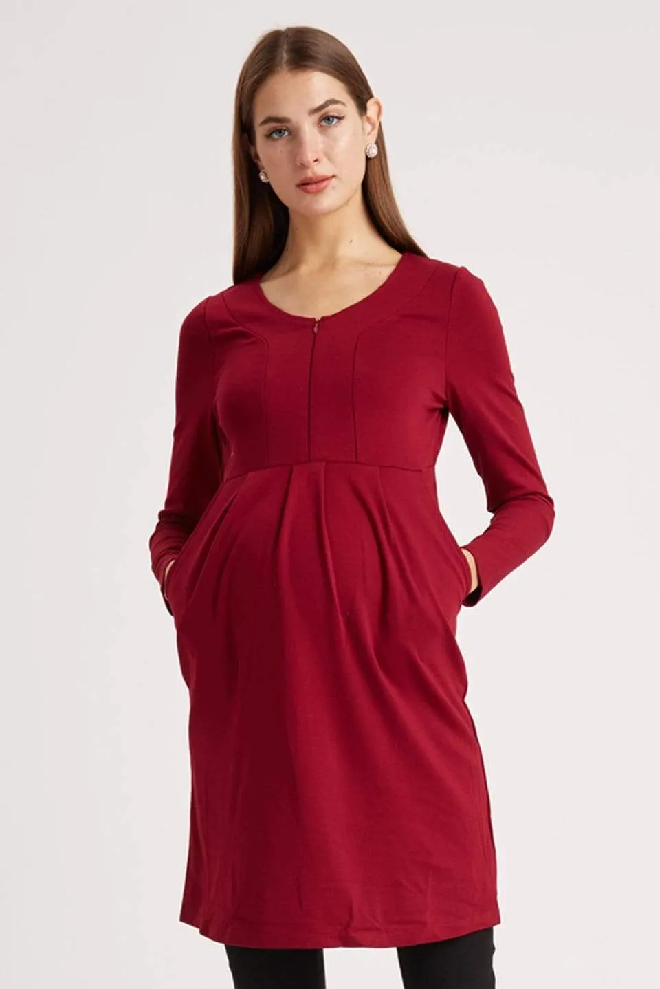 Knitted Bente Long Sleeve V-Neck Maternity Dress Nursing Wine