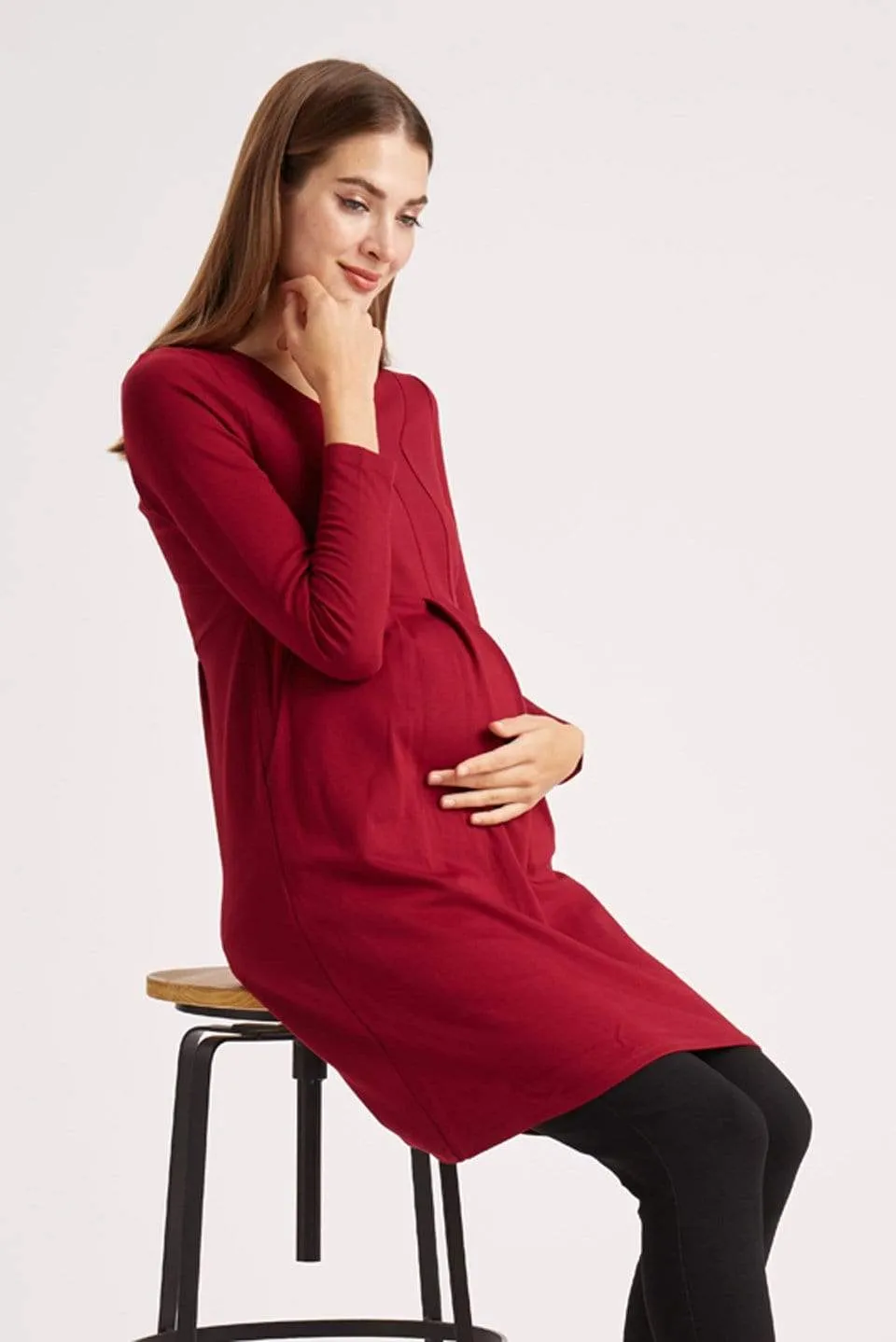 Knitted Bente Long Sleeve V-Neck Maternity Dress Nursing Wine