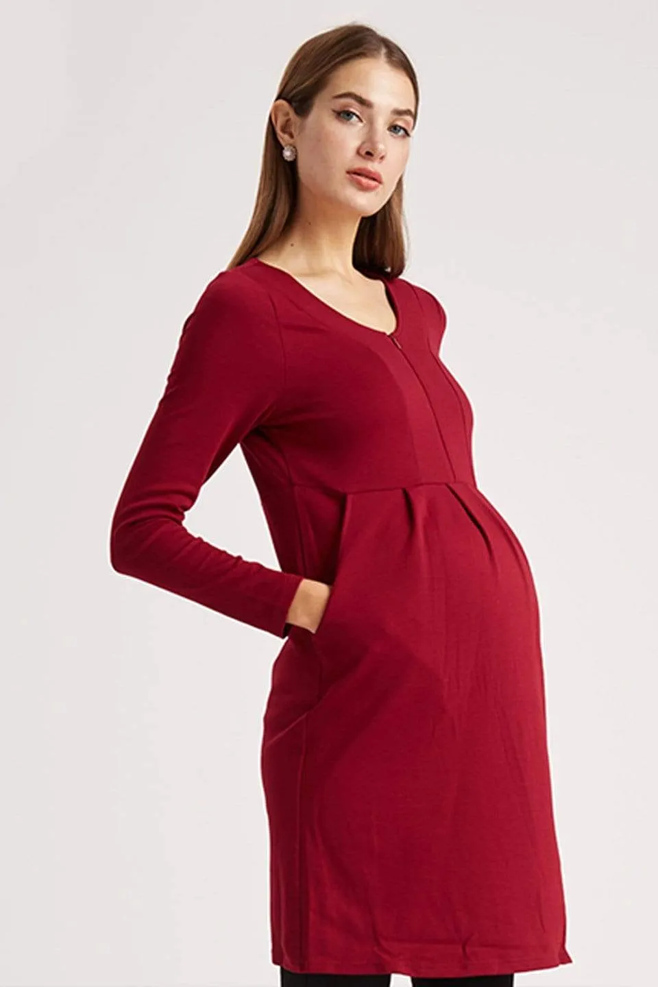 Knitted Bente Long Sleeve V-Neck Maternity Dress Nursing Wine